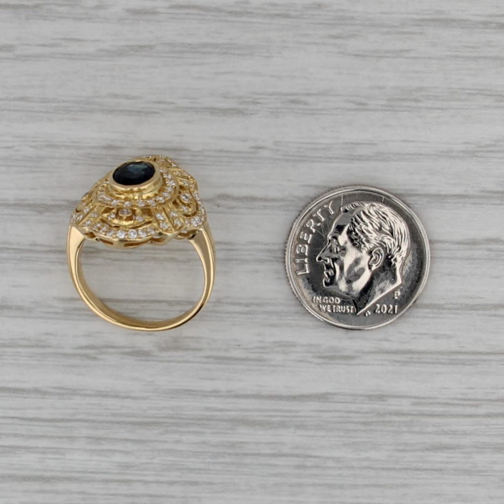 1.41ctw Oval Blue Sapphire Diamond Halo Ring 18k Yellow Gold Ornate Size 4.5