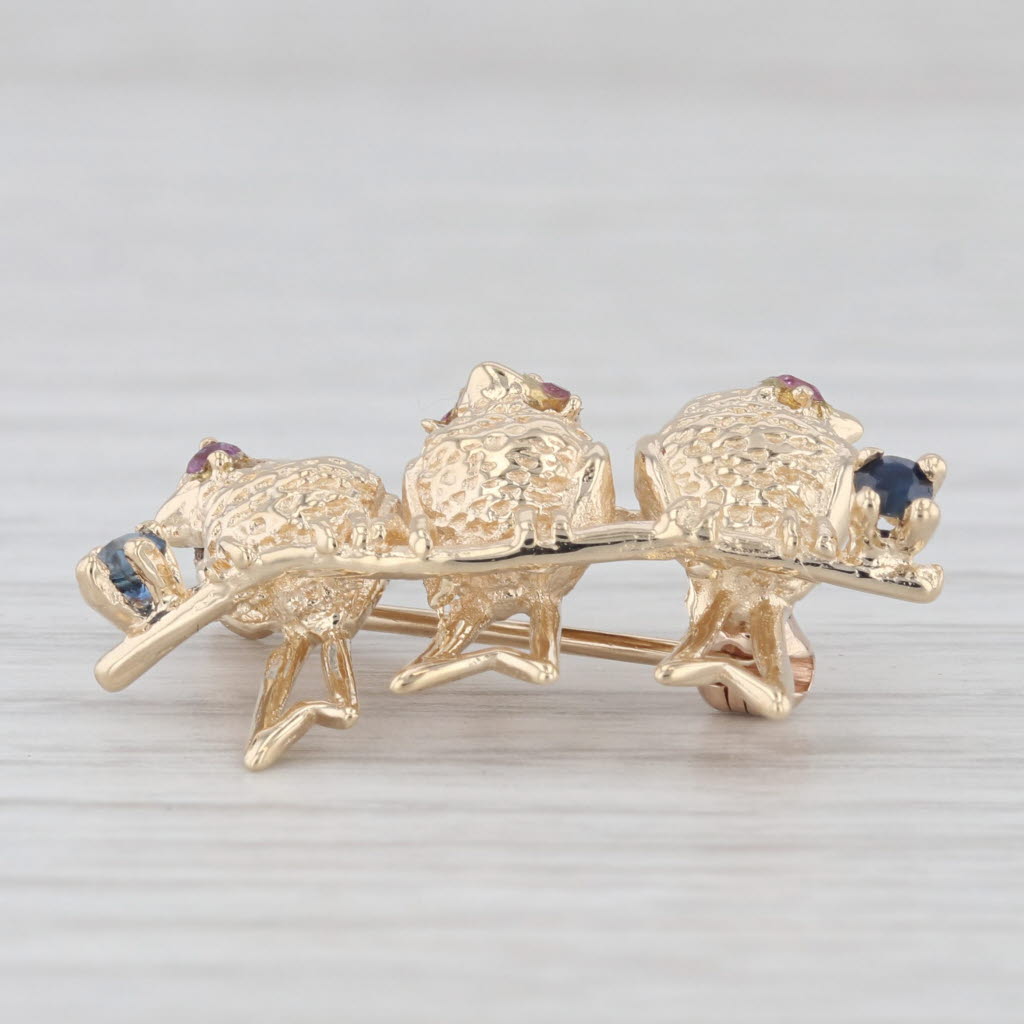 Light Gray Birds on a Branch Brooch 14k Gold 0.24ctw Ruby Sapphire Pin