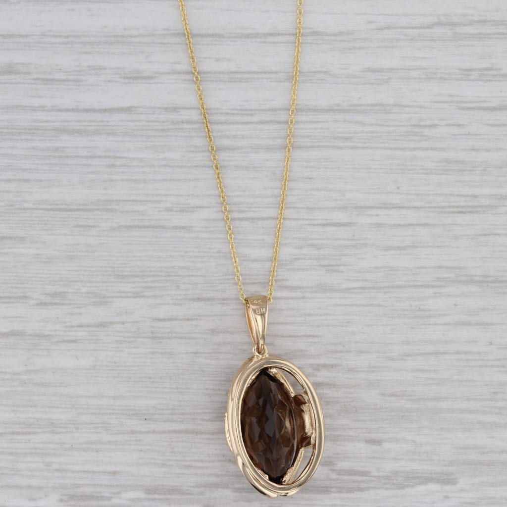 Gray Smoky Quartz Diamond Halo Pendant Necklace 14k Yellow Gold 16" Cable Chain