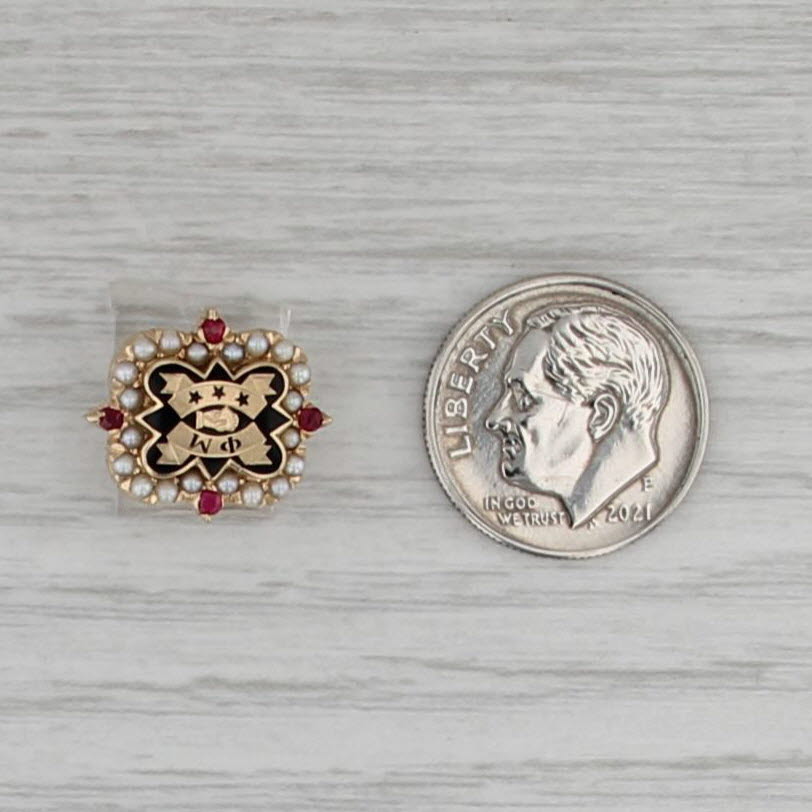 Phi Mu Badge 14k Gold Seed Pearls Synthetic Rubies Vintage Sorority Pin