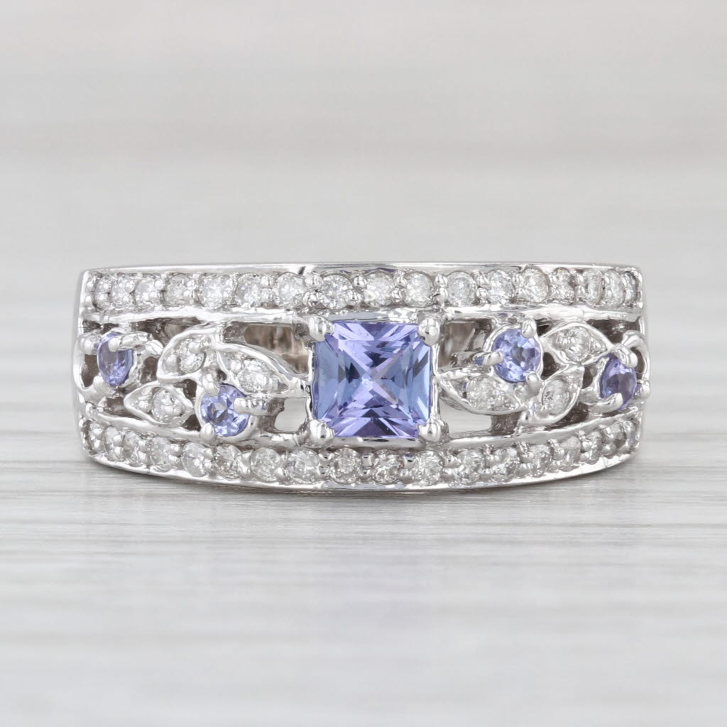 0.96ctw Tanzanite Diamond Ring 14k White Gold Size 7.5-7.75 Floral Band