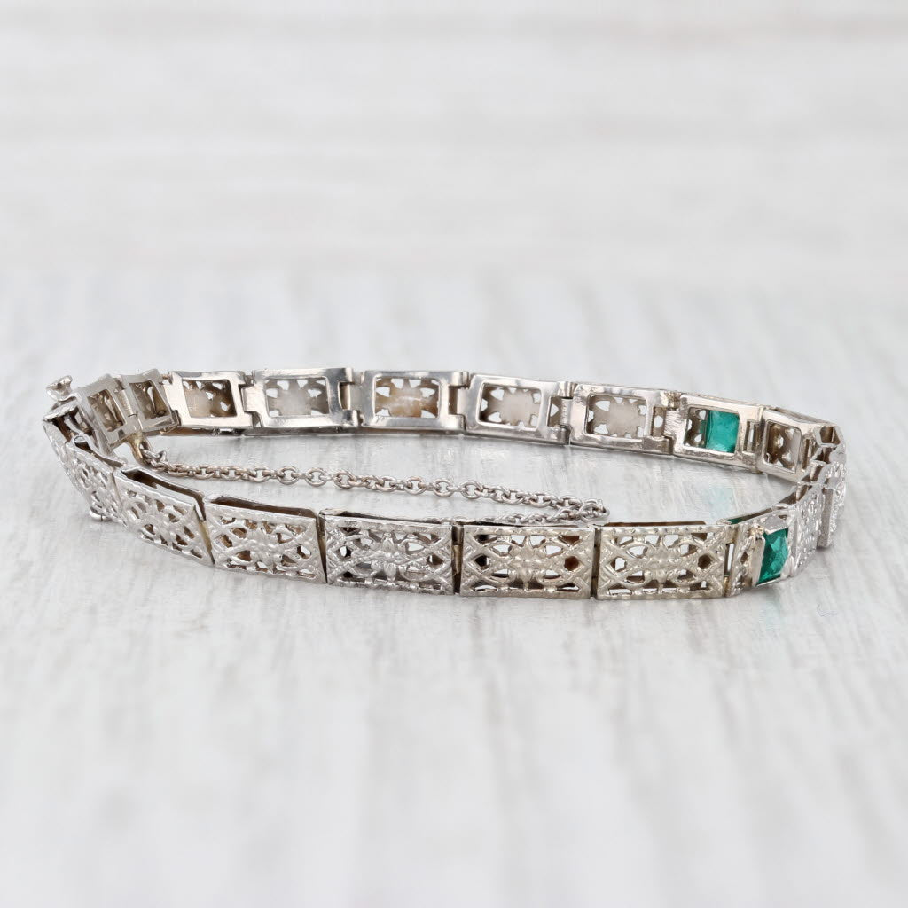 Light Gray Vintage Art Deco Diamond Floral Filigree Link Bracelet 14k White Gold 6.25"