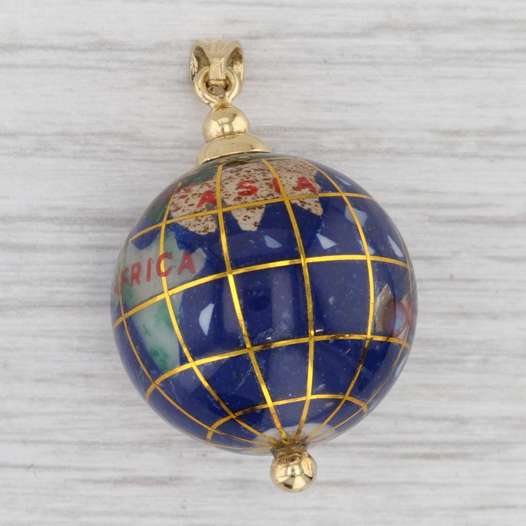 Spinning Globe Pendant 14k Yellow Gold Stone Mosaic Inlay Charm World Continents