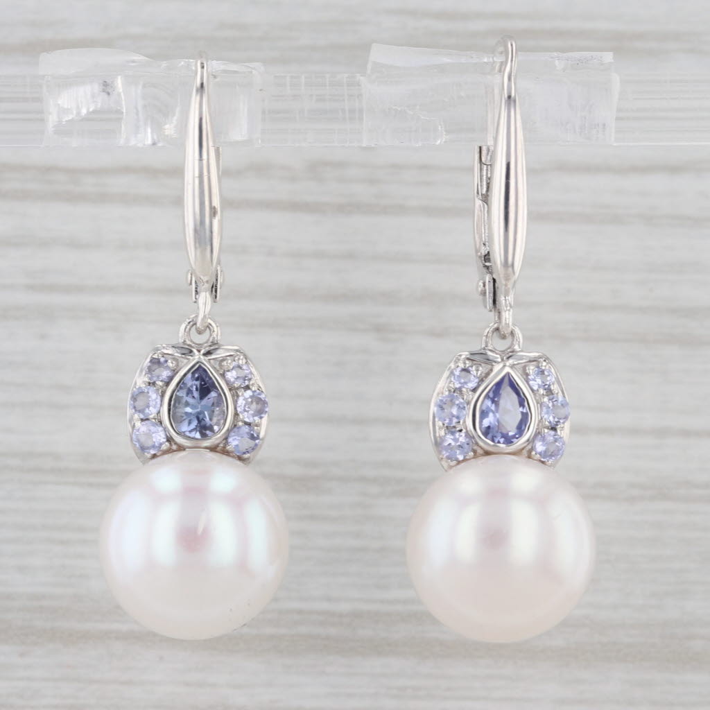 Light Gray Cultured Pearl Tanzanite Dangle Earrings Sterling Silver Honora Lever Backs