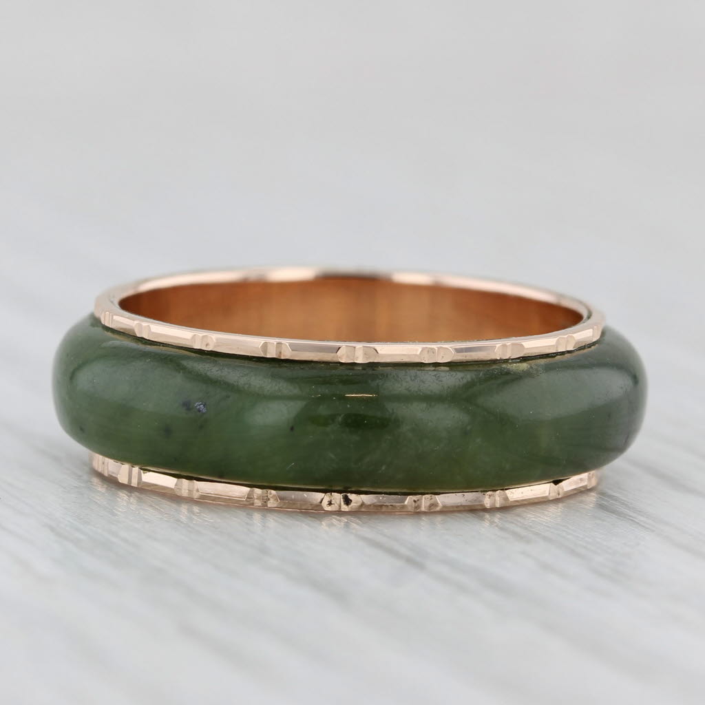 Light Gray Green Nephrite Jade Band Gold Bamboo Pattern 14k Size 8.25 Ring