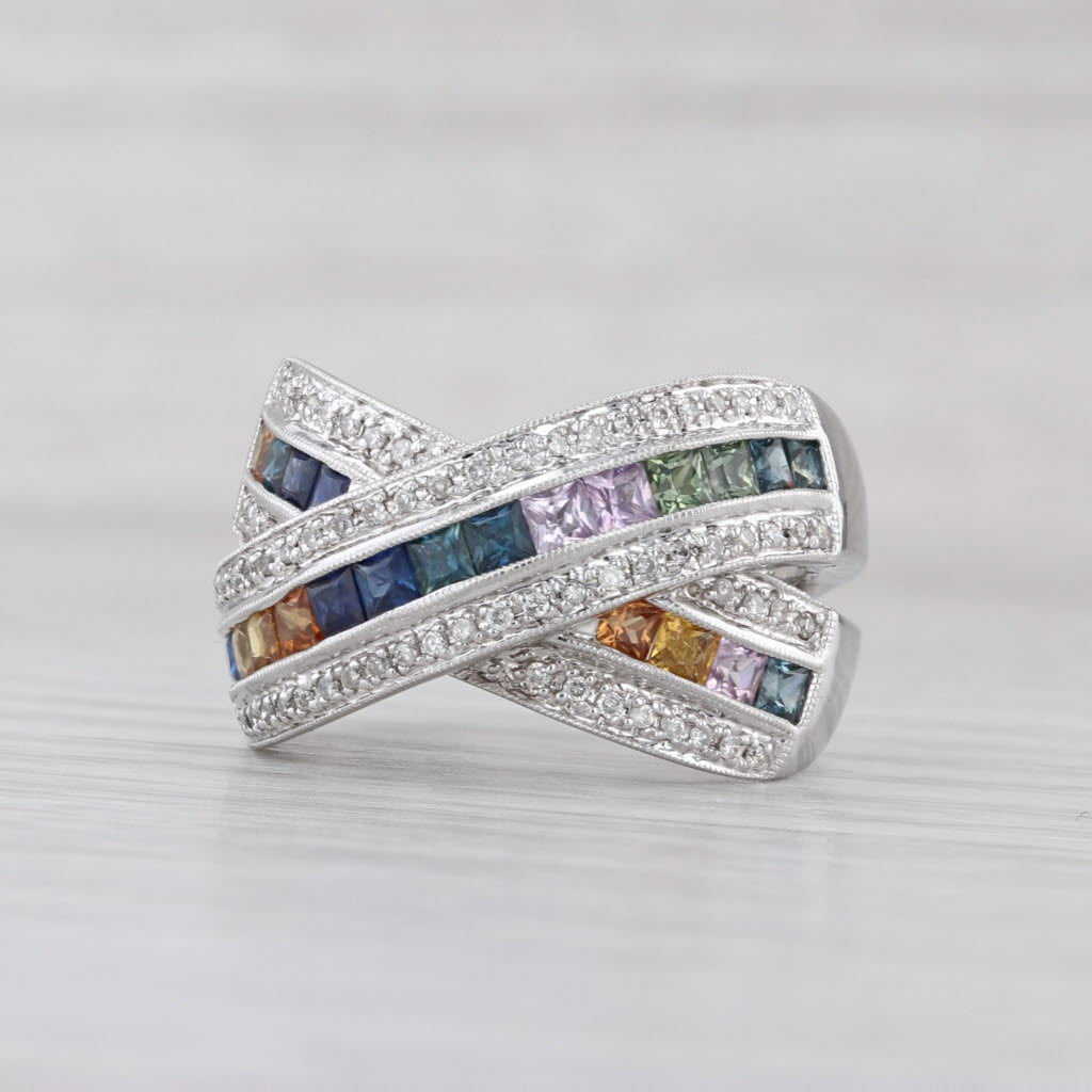 2.18ctw Multicolor Sapphire Diamond Crossover Ring 14k Gold Size 8.25 Cocktail
