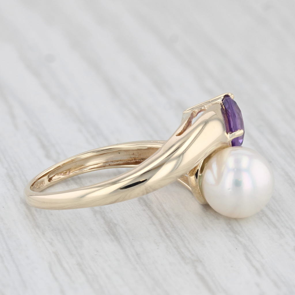 Light Gray Amethyst Cultured Pearl Bypass Ring 10k Yellow Gold Size 7