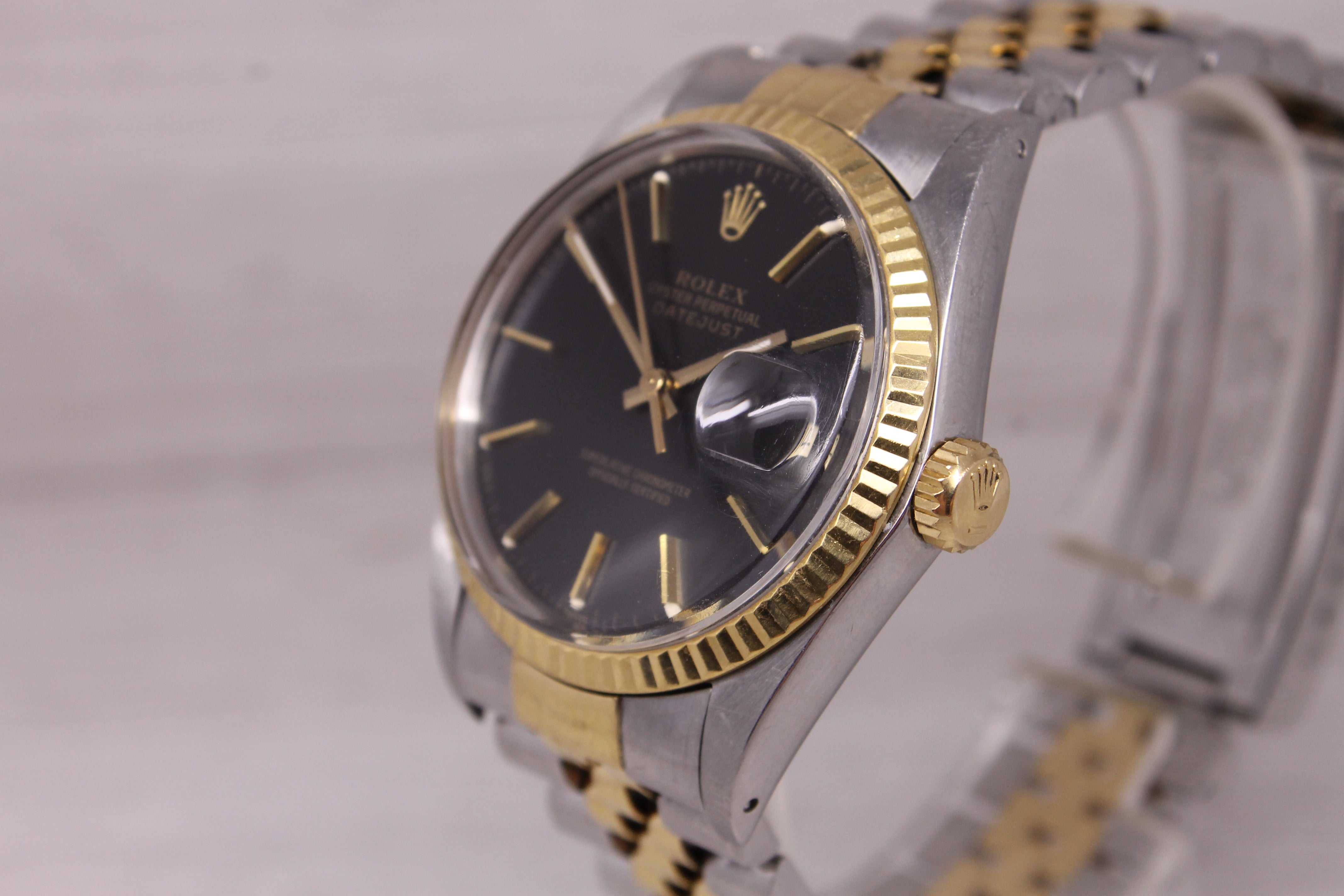 Vintage 1986 Rolex Datejust 16013 Mens Automatic 18k Steel Watch w Jubilee Black