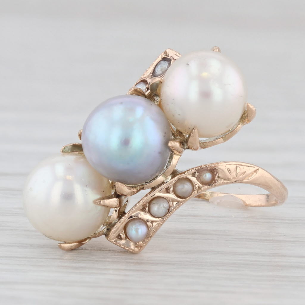 Light Gray Vintage 3-Stone Cultured Pearl Bypass Ring 14k Yellow Gold Cocktail Size 5