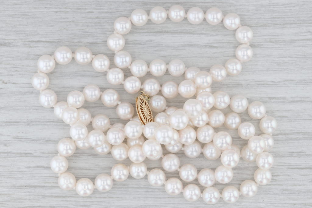 Cultured Pearl Bead Single Strand Necklace 14k Yellow Gold 30" 6.7 mm