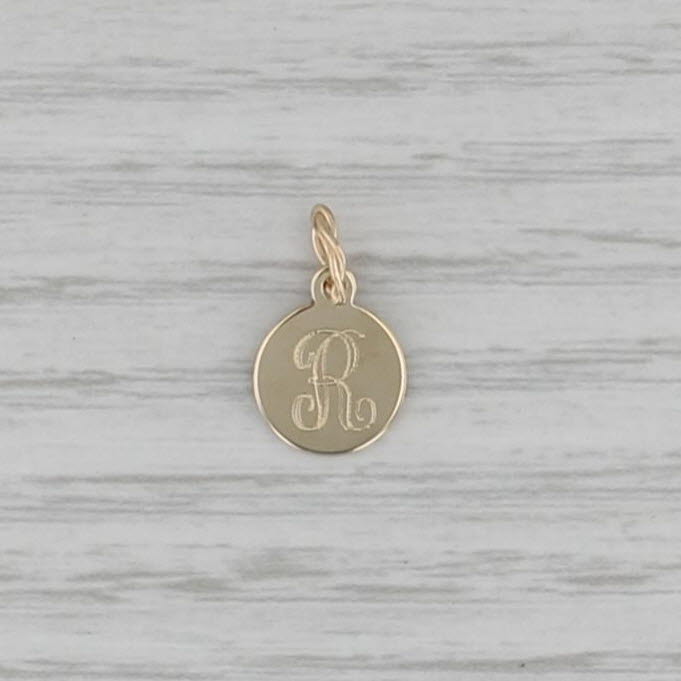 Engraved Letter Initial "R" Pendant 14k Yellow Gold Small Round Charm