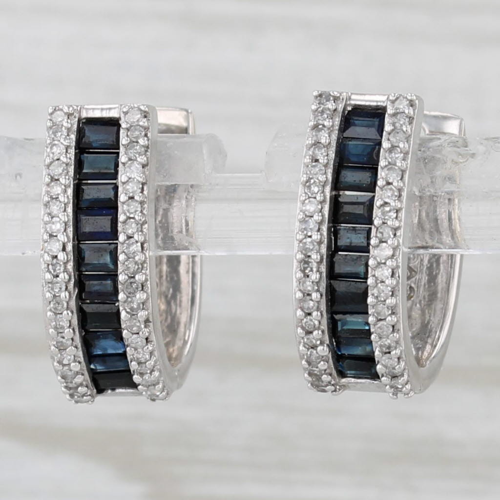 Light Gray 0.86ctw Sapphire Diamond Hoop Earrings 10k White Gold Hinged Hoops