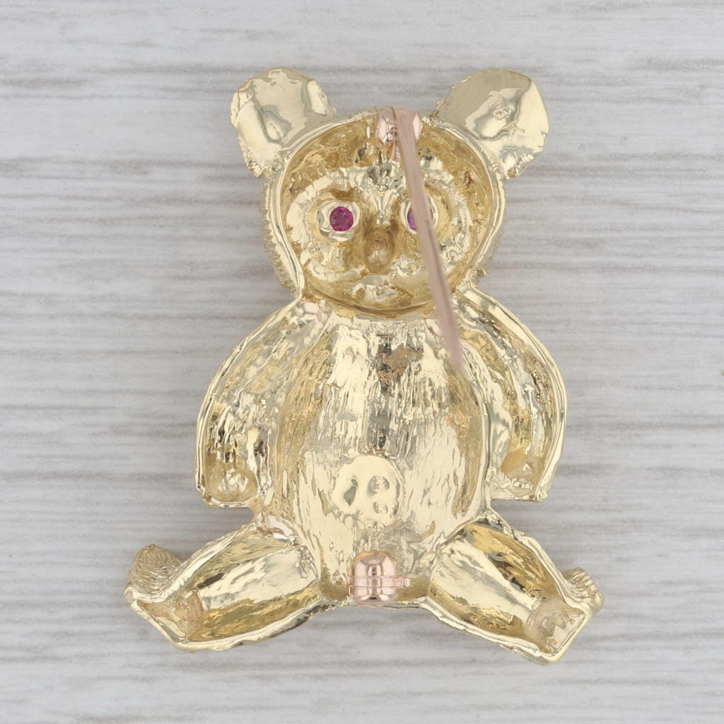 Gray Ruby Eyed Teddy Bear Brooch 18k Yellow Gold Pin