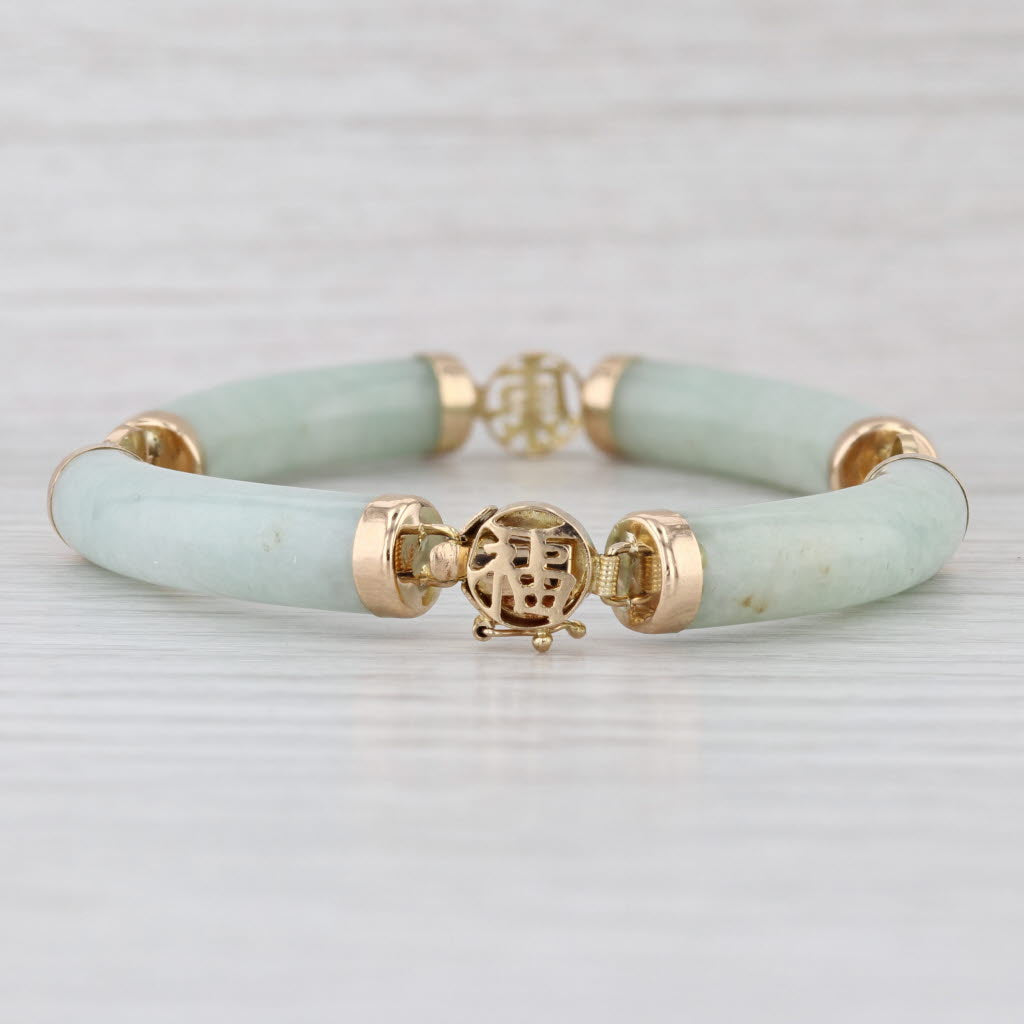 Jadeite Jade Tube Link Bracelet Chinese Character Bracelet 14k Yellow Gold 7"