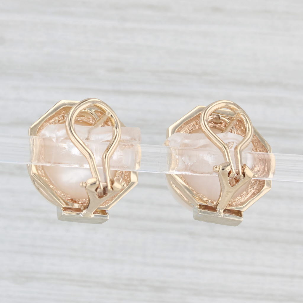 Light Gray Mabe Cultured Pearl Diamond Stud Earrings 14k Yellow Gold Omega Backs