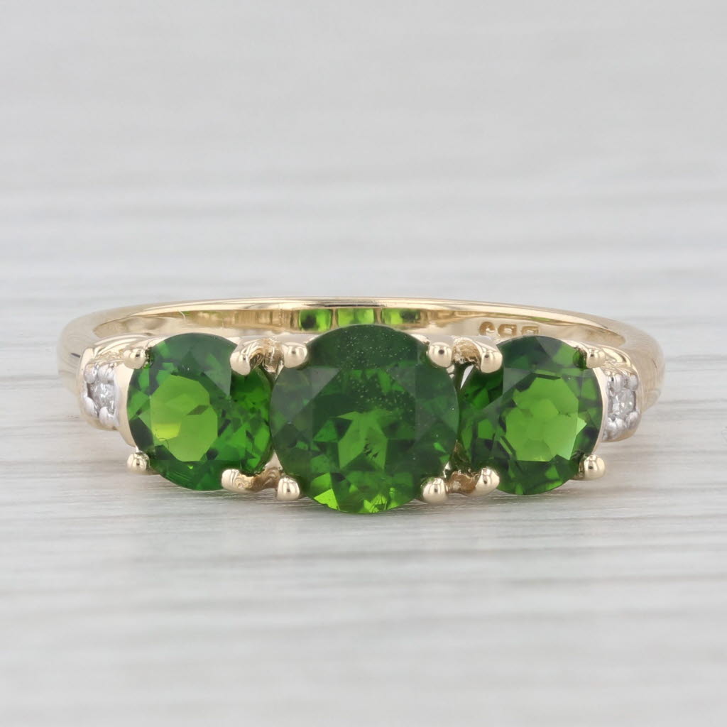 Light Gray 1.80ctw Green Chrome Diopside 3-Stone Ring 10k Yellow Gold Sz 7 Diamond Accents