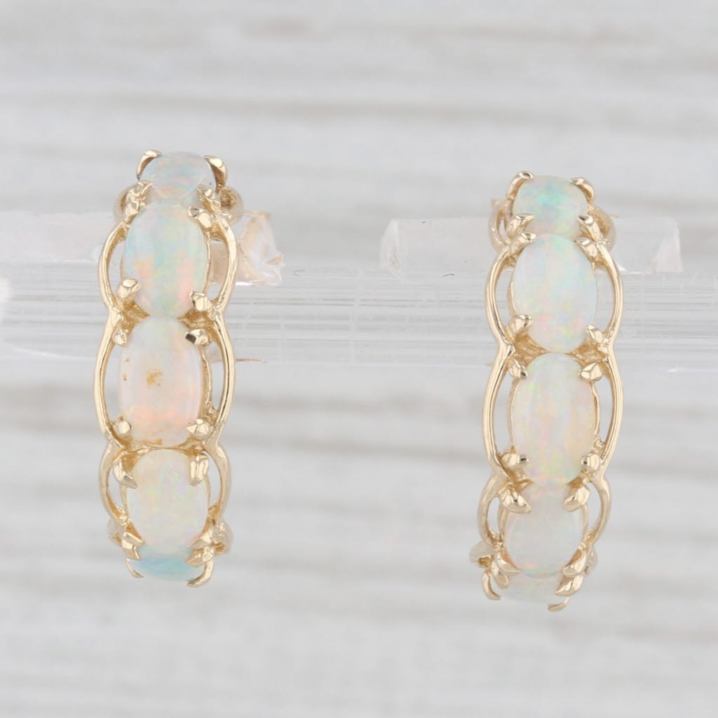 Light Gray Opal Half Hoop Earrings 14k Yellow Gold Pierced Drops