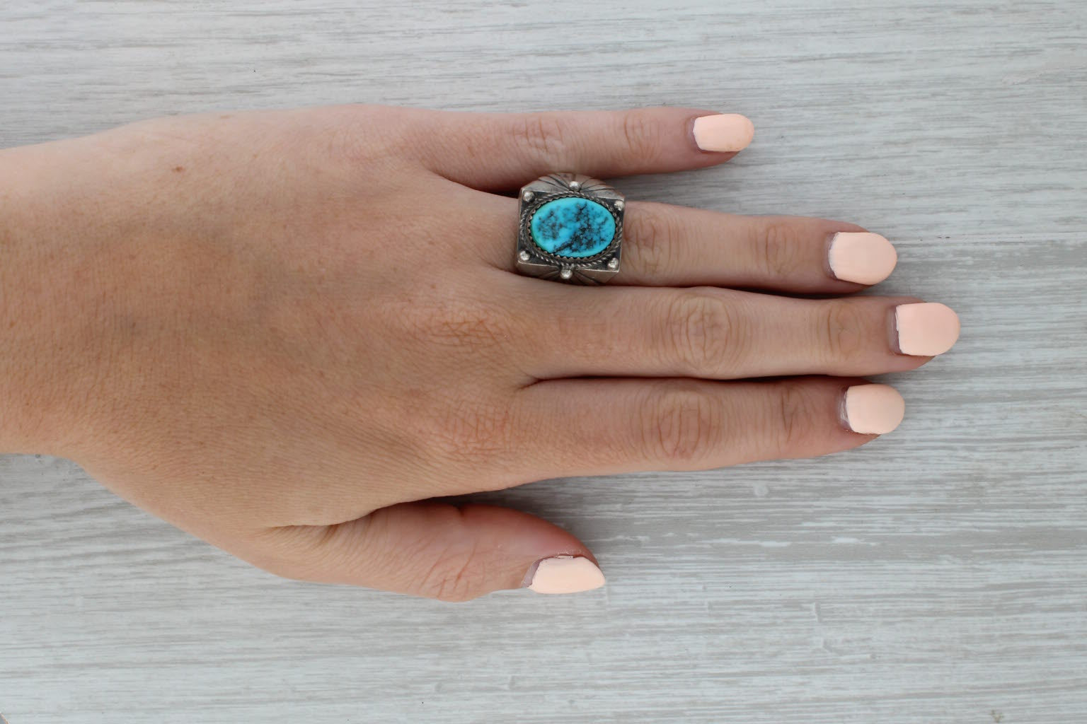 Dark Gray Vintage Native American Turquoise Nugget Ring Sterling Silver Size 11.5