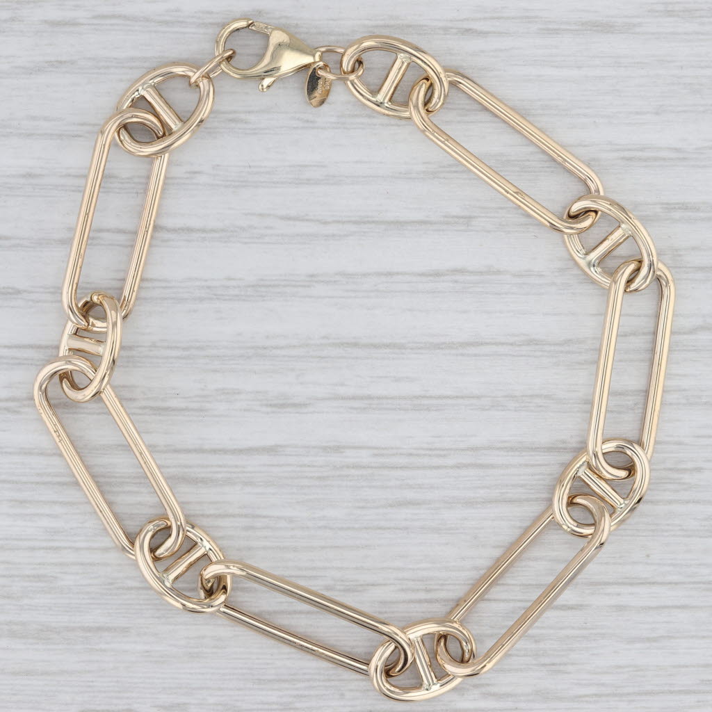 Light Gray Elongated Cable Mariner Chain Bracelet 14k Yellow Gold 7.5" 8.8mm