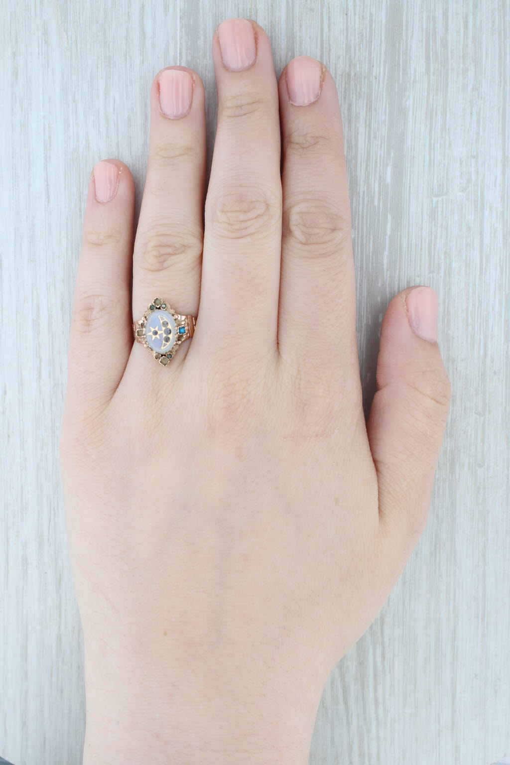 Light Gray Victorian Moon Star Ring 14k Yellow Gold Pearl Glass Ornate Antique AS IS