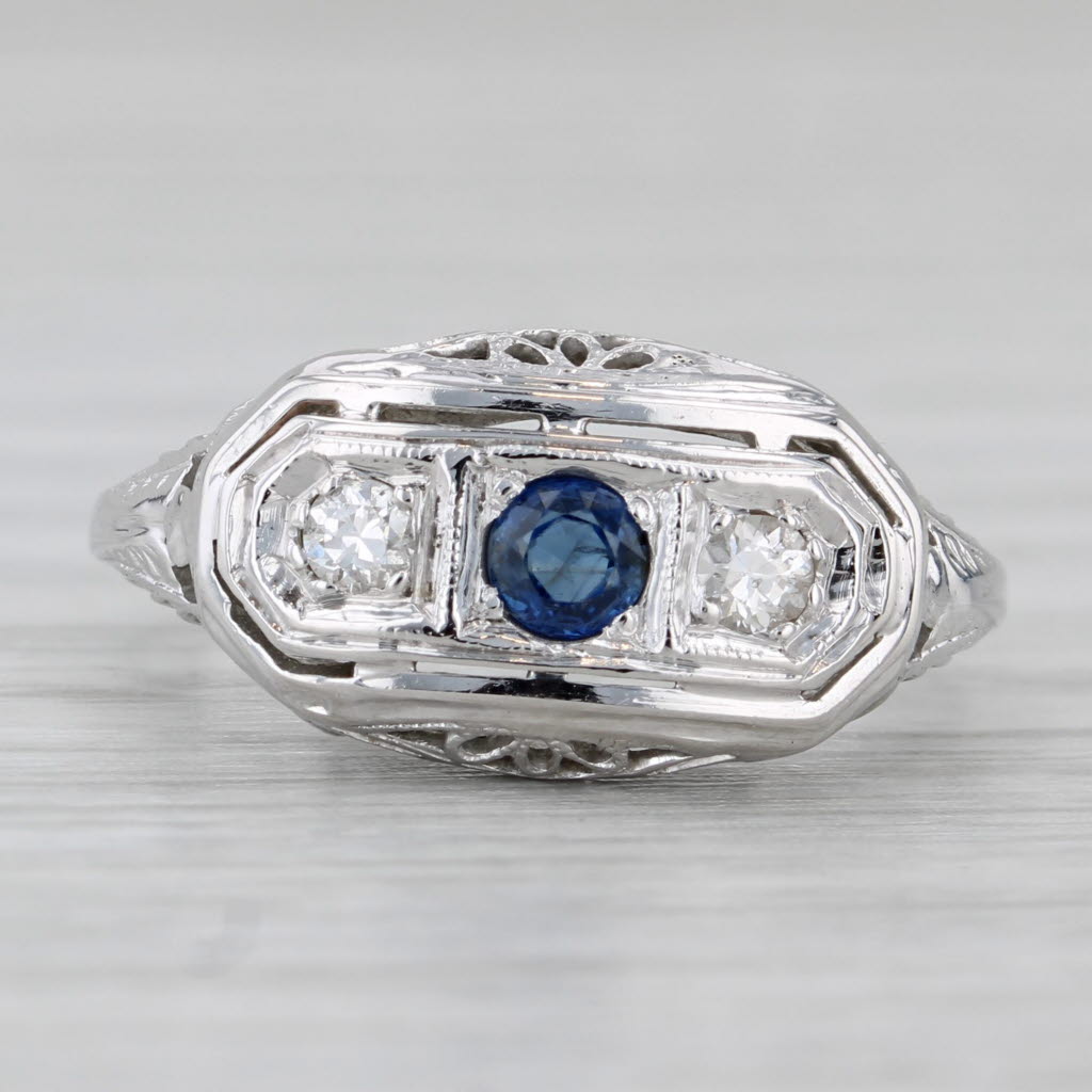 Art Deco 0.31ctw Blue Sapphire Diamond Ring 18k White Gold Filigree Size 6