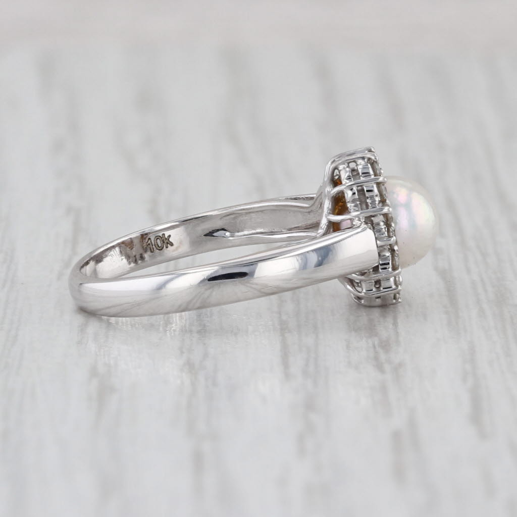 6mm Cultured Pearl Diamond Halo Ring 10k White Gold Size 5.5