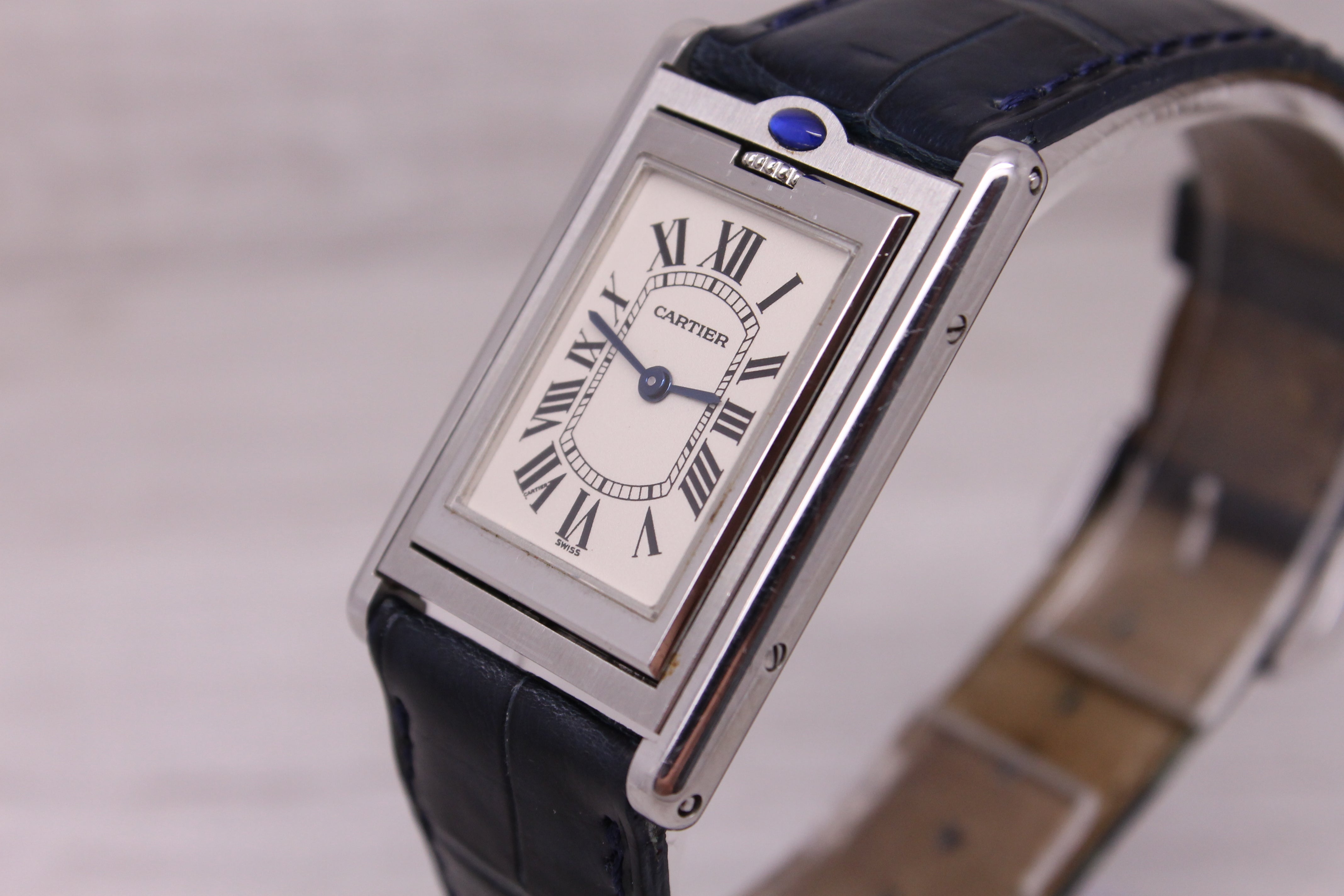 Dark Gray Cartier Basculante ref.2405 Stainless Steel Quartz Watch Original Blue Strap Box