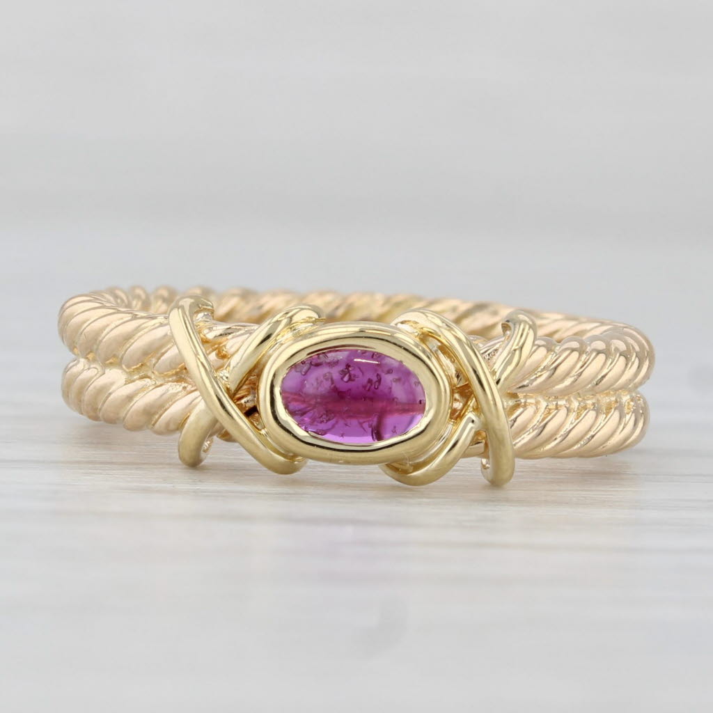 Light Gray Ruby Cabochon Solitaire Ruby Double Rope Band Ring 18k Yellow Gold Size 6