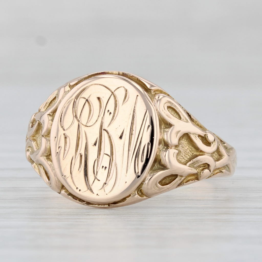 Light Gray Script Monogrammed Signet Ring 10k Yellow Gold Size 9.5 Vintage Ornate