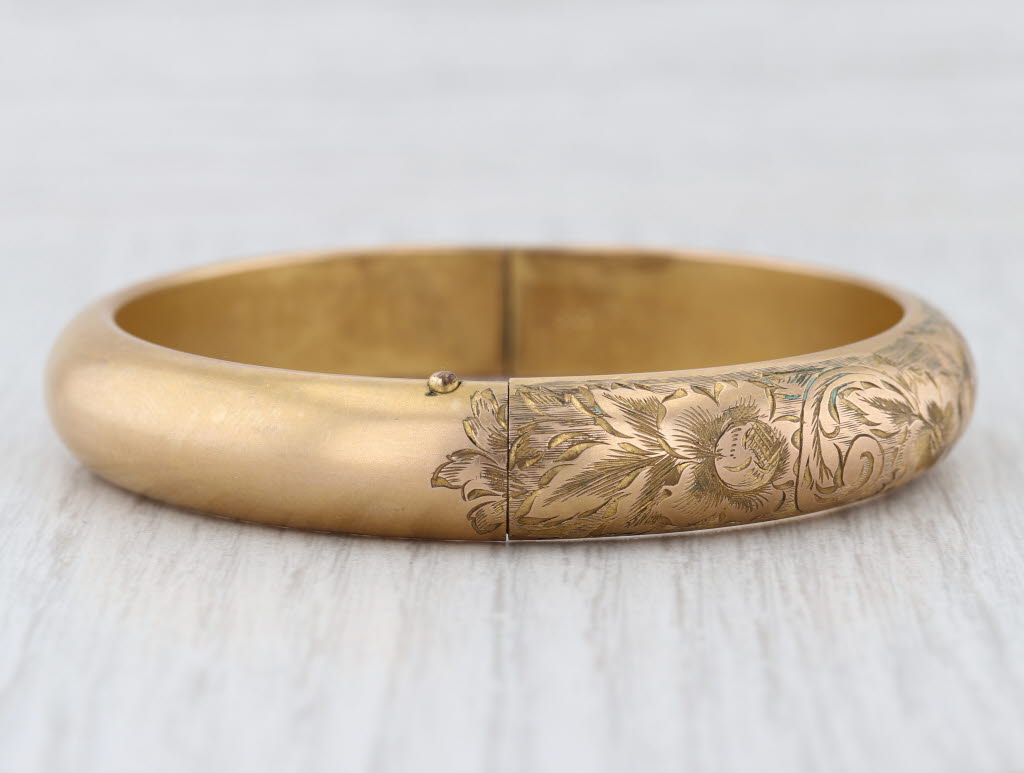 Antique Floral Engraved Bangle Bracelet Gold Filled 7" 11mm