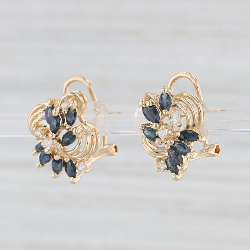 Light Gray 1.09ctw Blue Sapphire Diamond Cluster Earrings 14k Yellow Gold Omega Backs