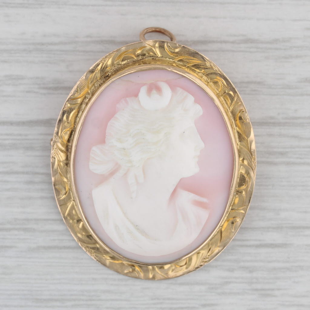 Gray Vintage Carved Pink Shell Cameo Brooch Pendant 14k Yellow Gold Pin