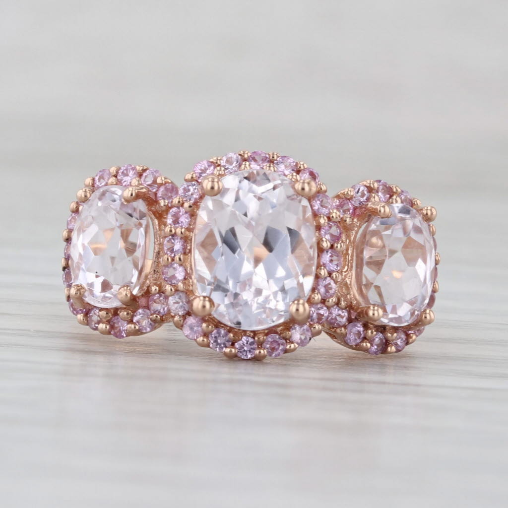 5ctw Pink Oval Kunznite Sapphire Halo 3-Stone Ring 10k Rose Gold Size 7.75
