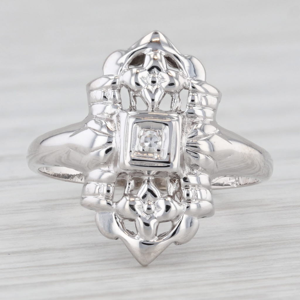 Light Gray Vintage Ornate Floral Diamond Ring 14k White Gold Size 6