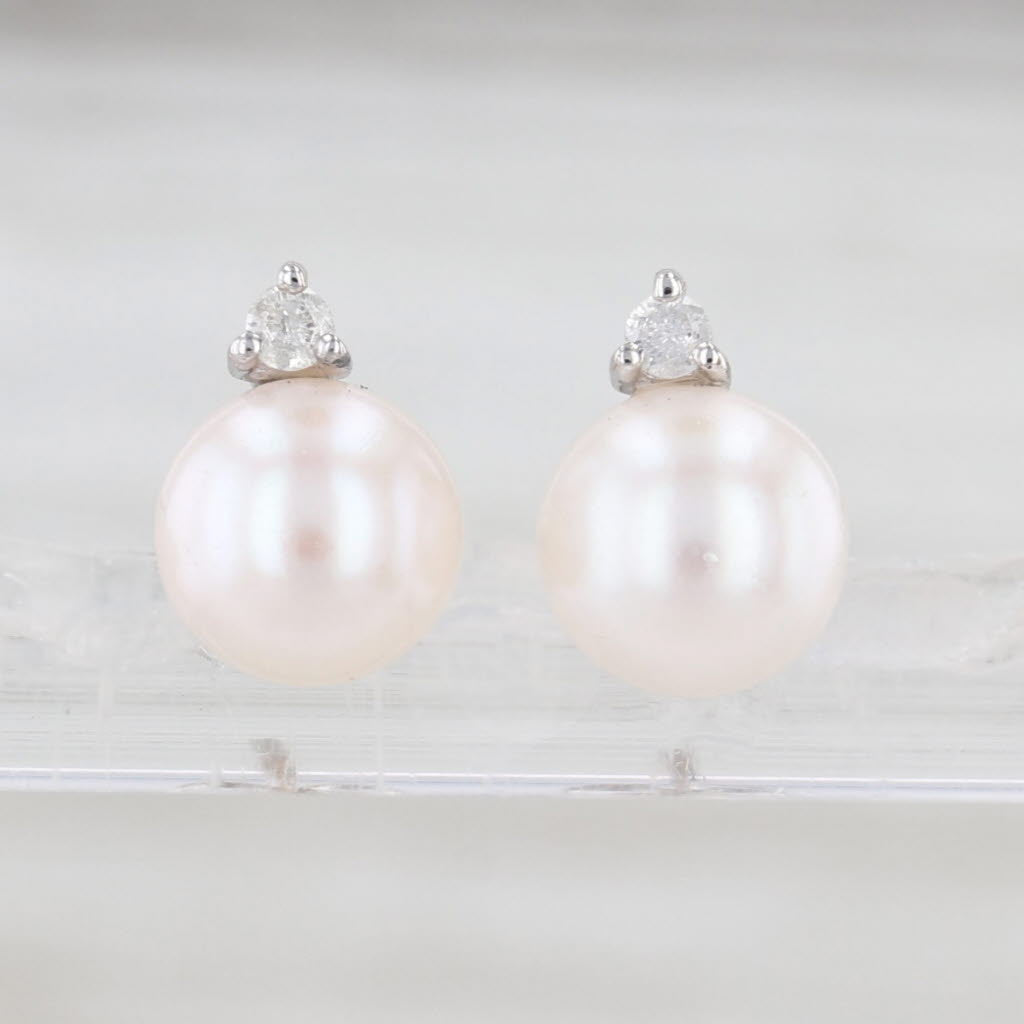Cultured Pearl Diamond Stud Earrings 14k White Gold 7.1-7.2mm Bead Studs