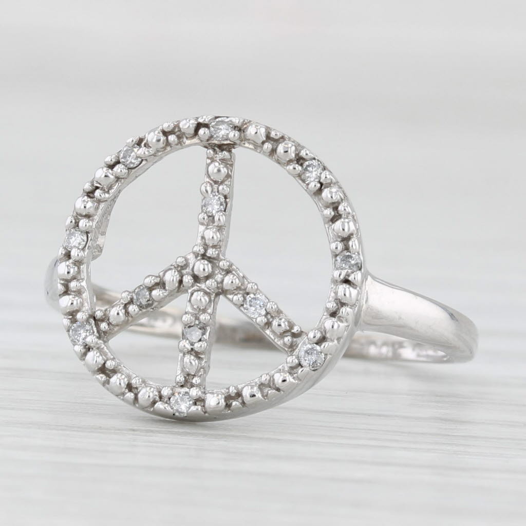 Light Gray Diamond Peace Sign Ring 10k White Gold Size 6.75