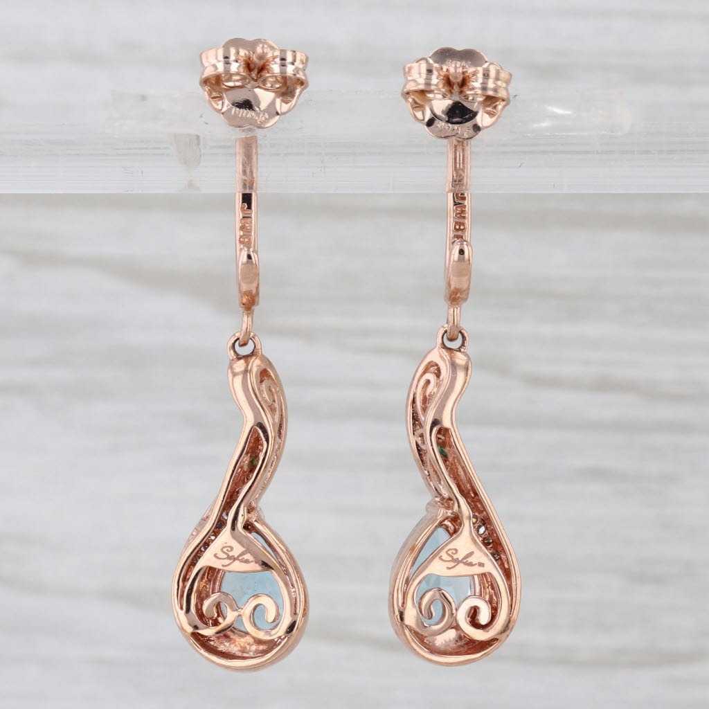 1.17ctw Blue Topaz Emerald Diamond Dangle Earrings 10k Rose Gold J-Hook Drops