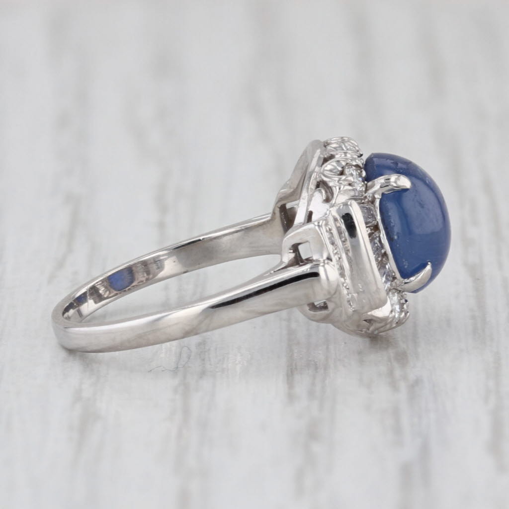 Blue Star Sapphire Cabochon Diamond Halo Ring 14k White Gold Size 5.75