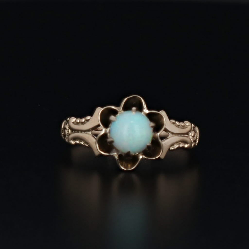 Black Victorian Opal Flower Ring 10k Gold Size 5.5 Antique Round Cabochon Solitaire