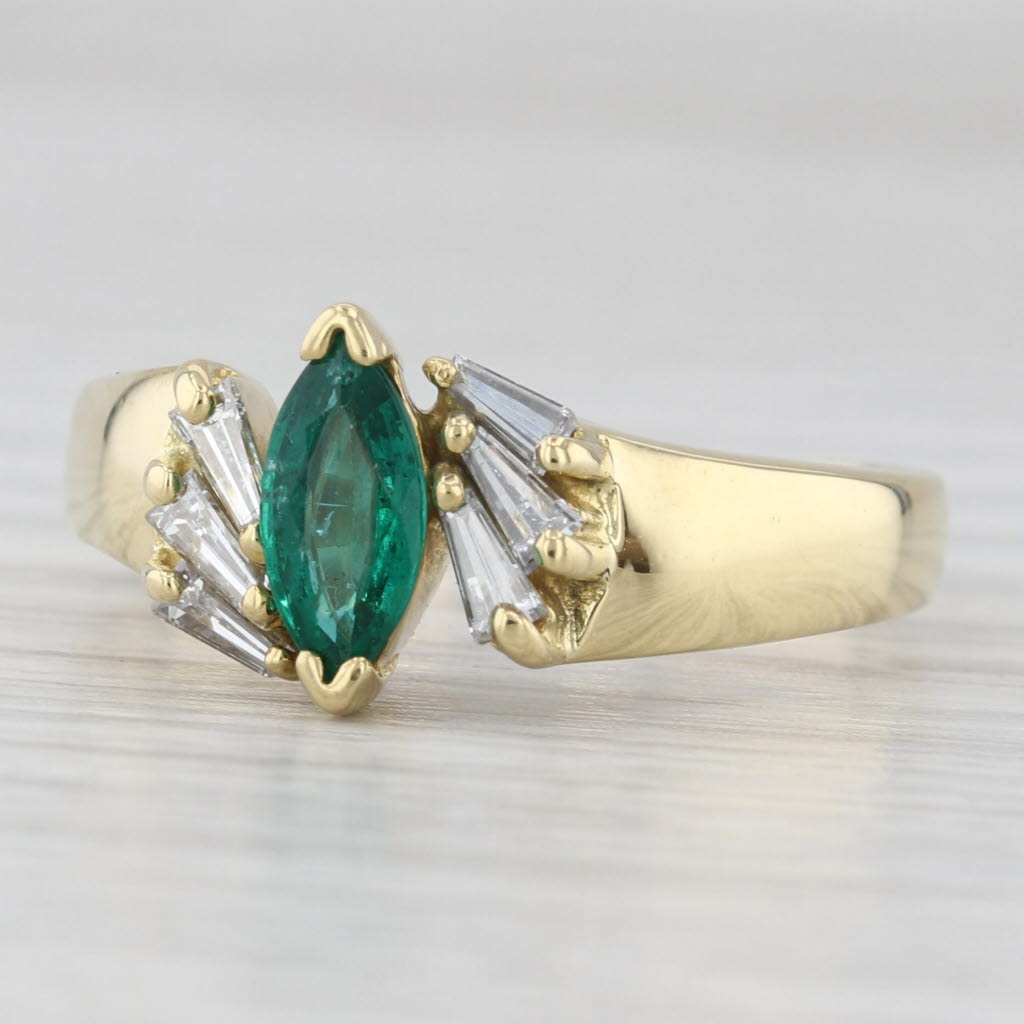 Light Gray Emerald Diamond Bypass Ring 18k Yellow Gold Size 8.75-9
