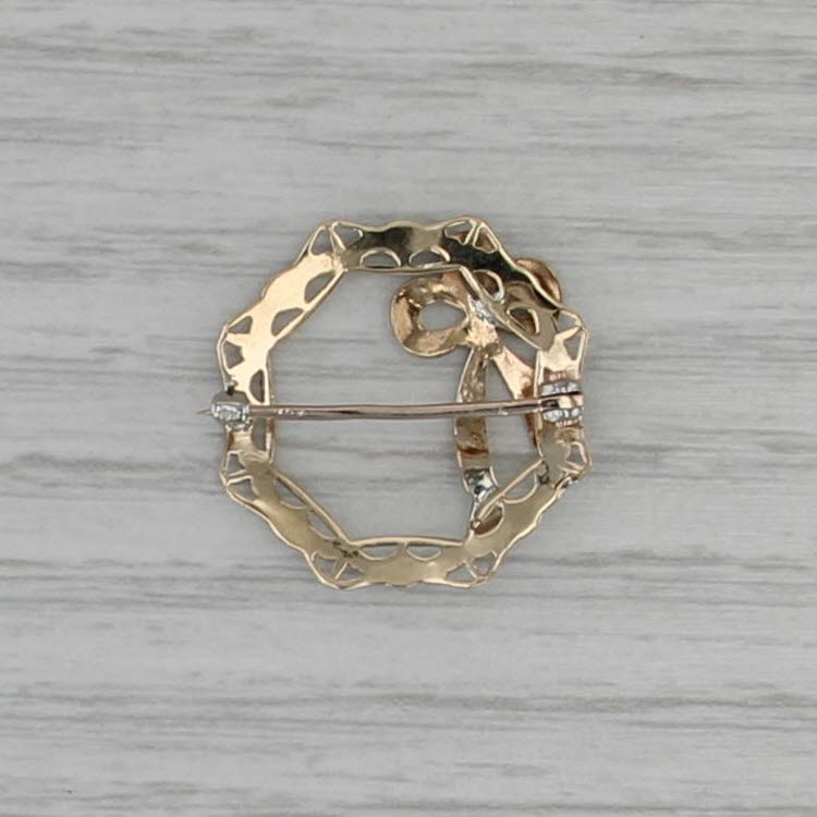 Vintage Art Deco Filigree Bow Wreath Brooch 18k White 8k Yellow Gold Pin