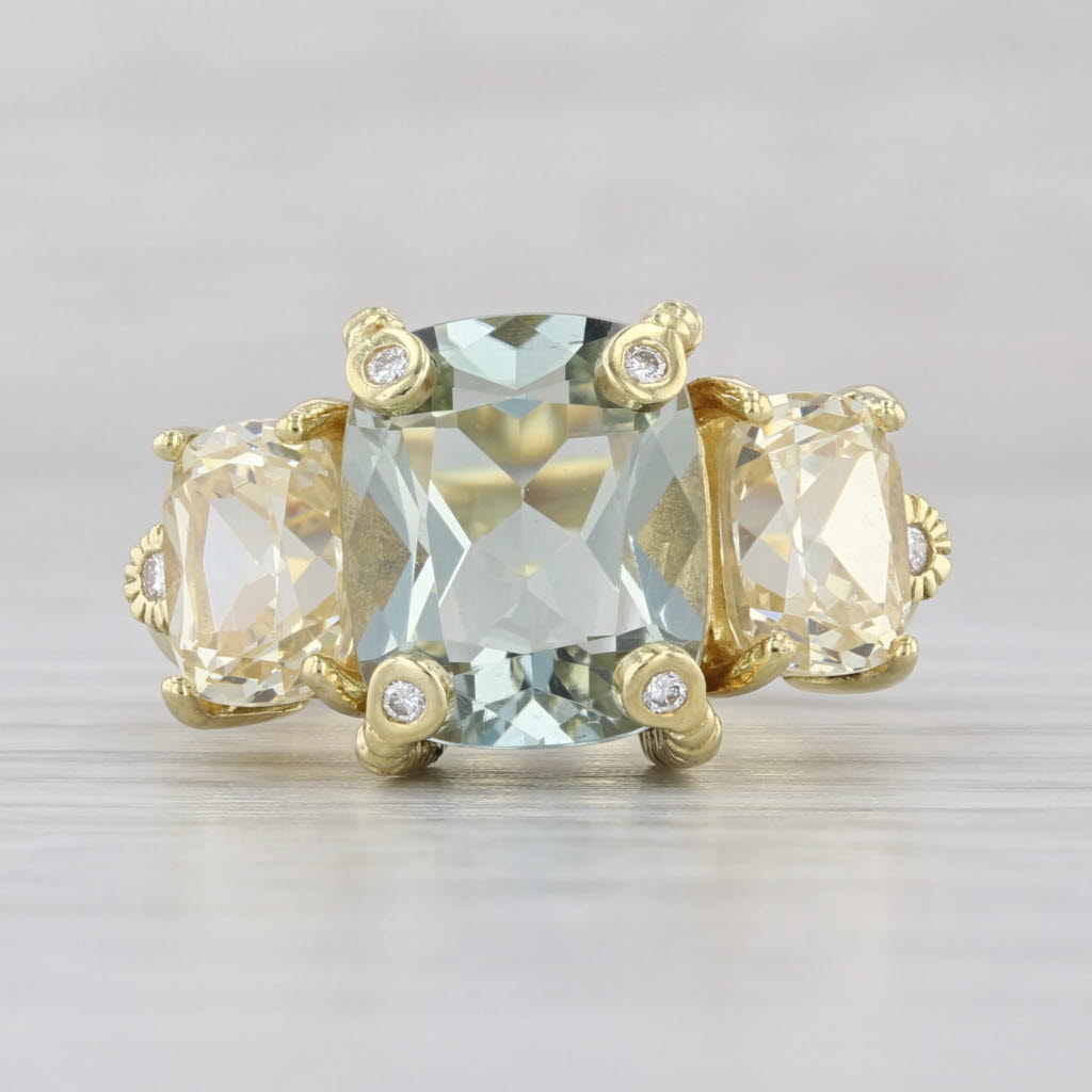 Judith Ripka Prasiolite Green Amethyst Diamond Ring 18k Yellow Gold Size 6.25