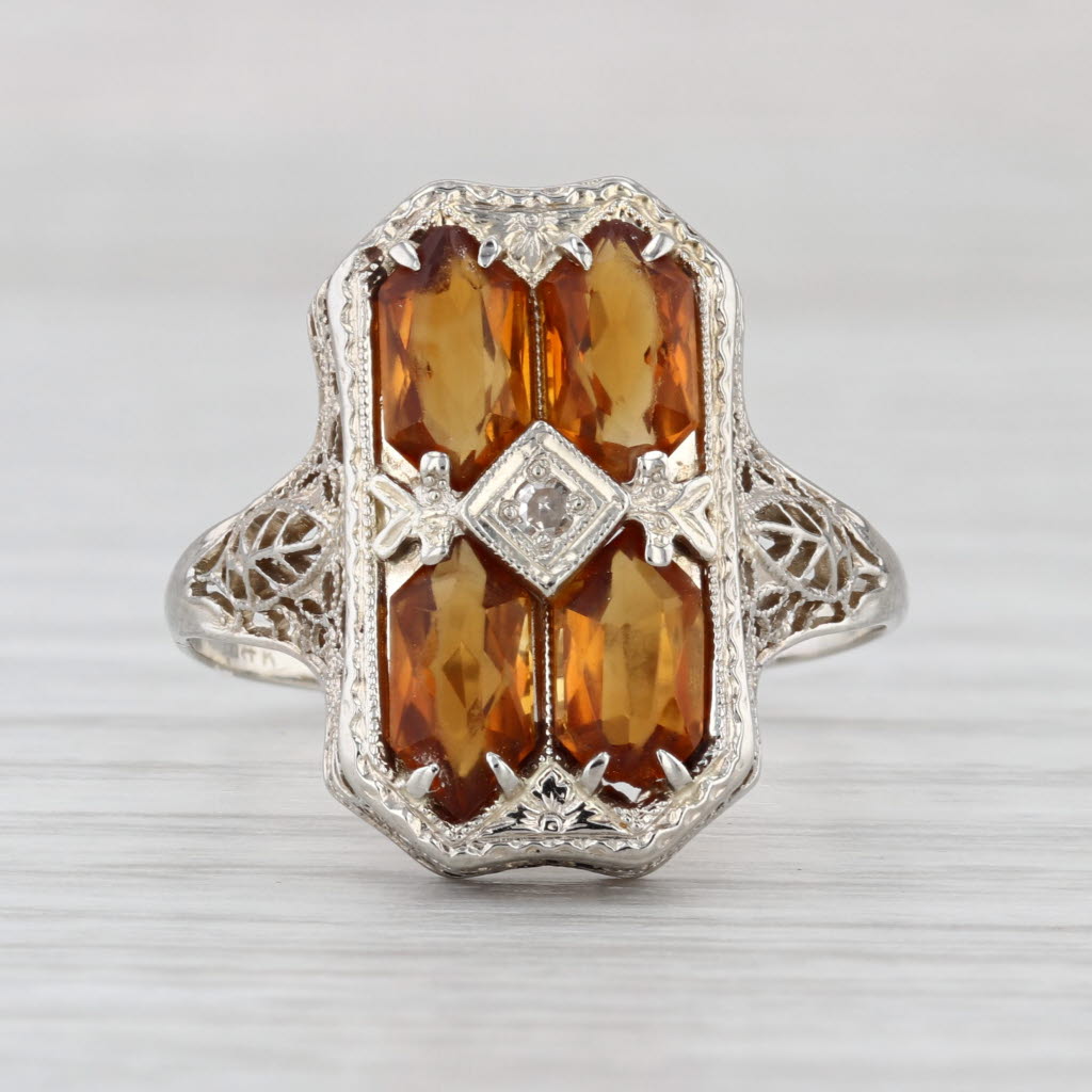 Vintage Art Deco 2.30ctw Citrine Diamond Filigree Ring 14k White Gold Size 10