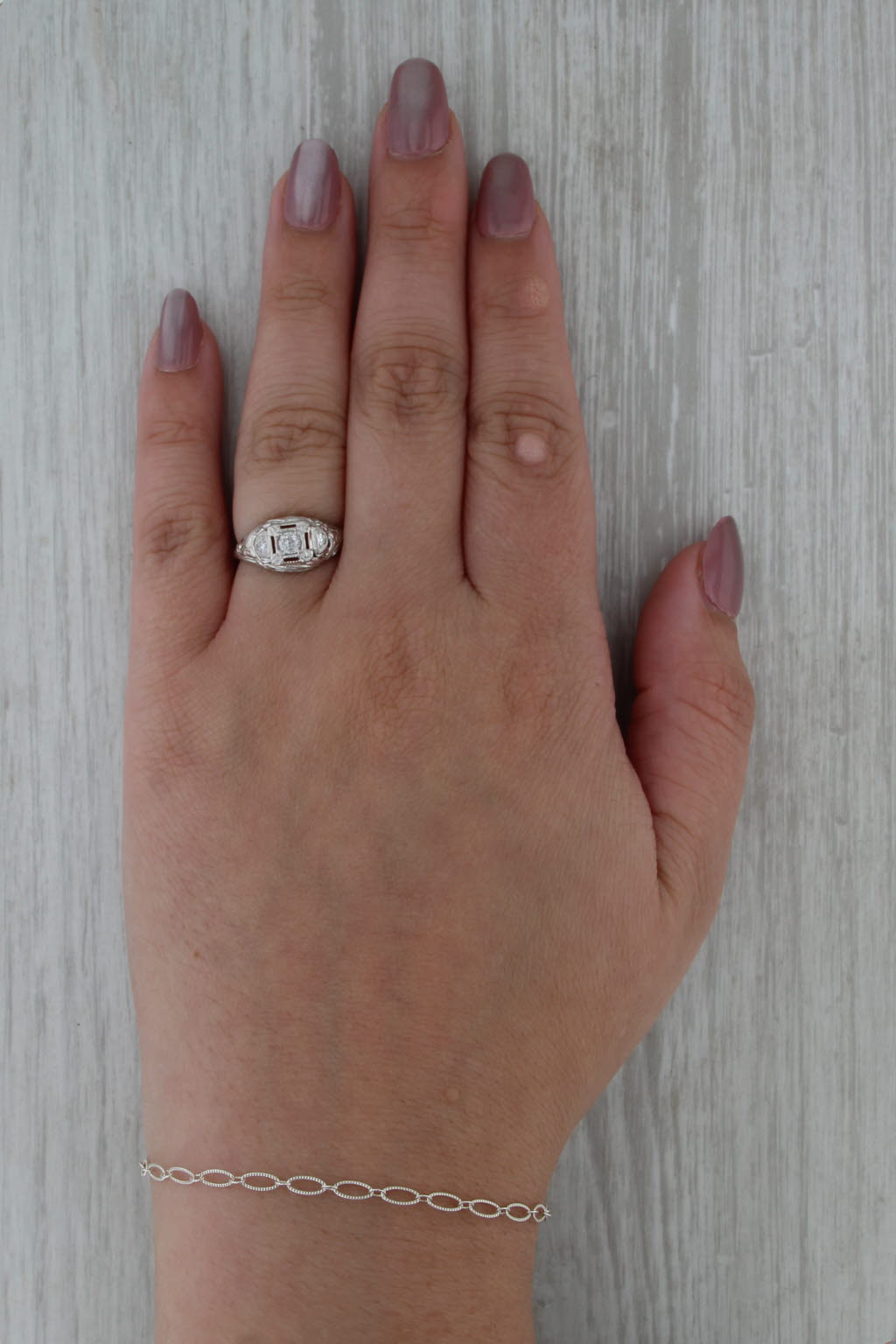 Art Deco 0.23ctw Diamond Engagement Ring 18k White Gold Filigree Size 6.5