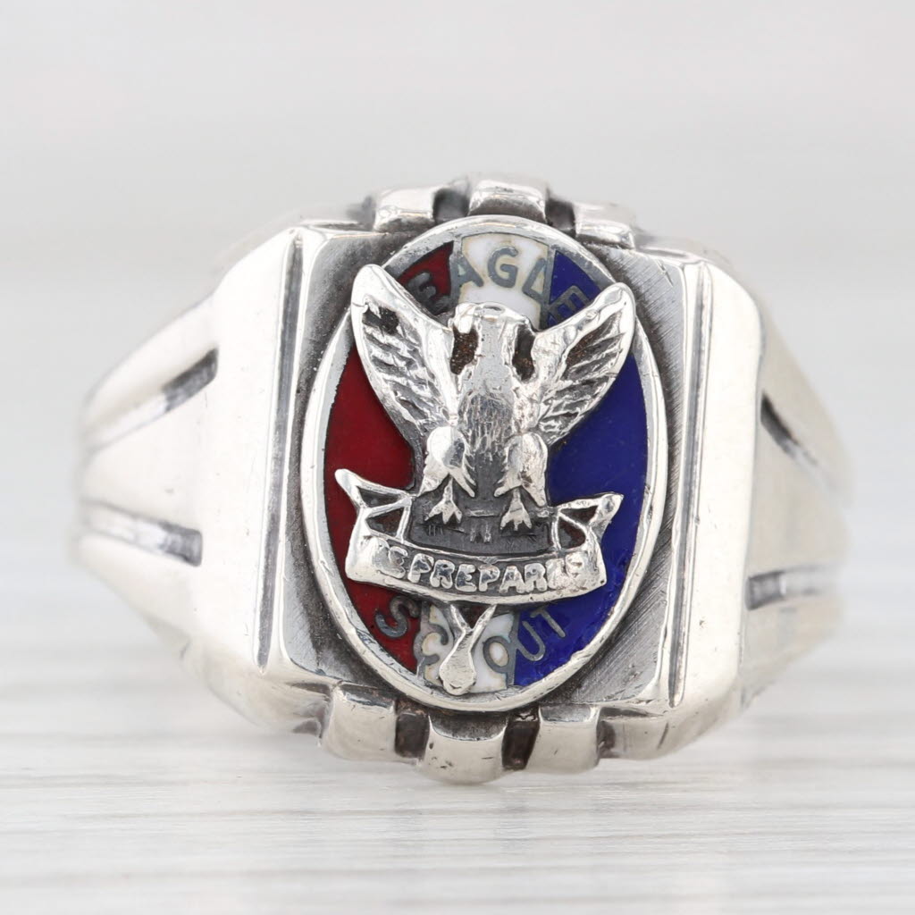 Light Gray Vintage Eagle Scout Ring Sterling Silver Boy Scouts Be Prepared Signet Size 10