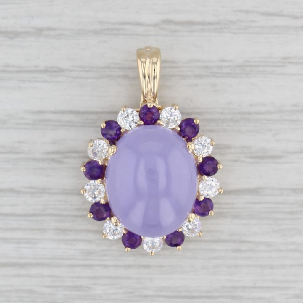 Gray Purple Jadeite Jade Amethyst Glass Pendant 14k Gold Oval Cabochon Statement