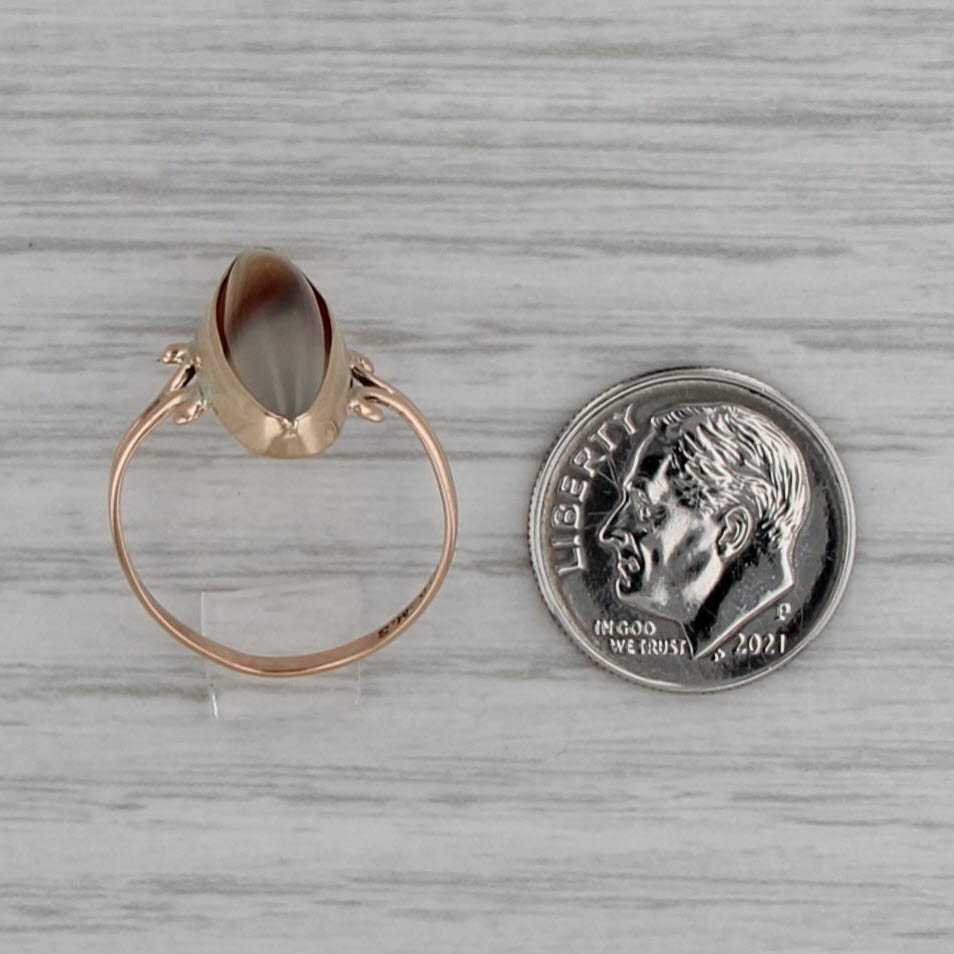 Vintage Brown White Agate Chalcedony Navette Cabochon Ring 10k Rose Gold Size 7