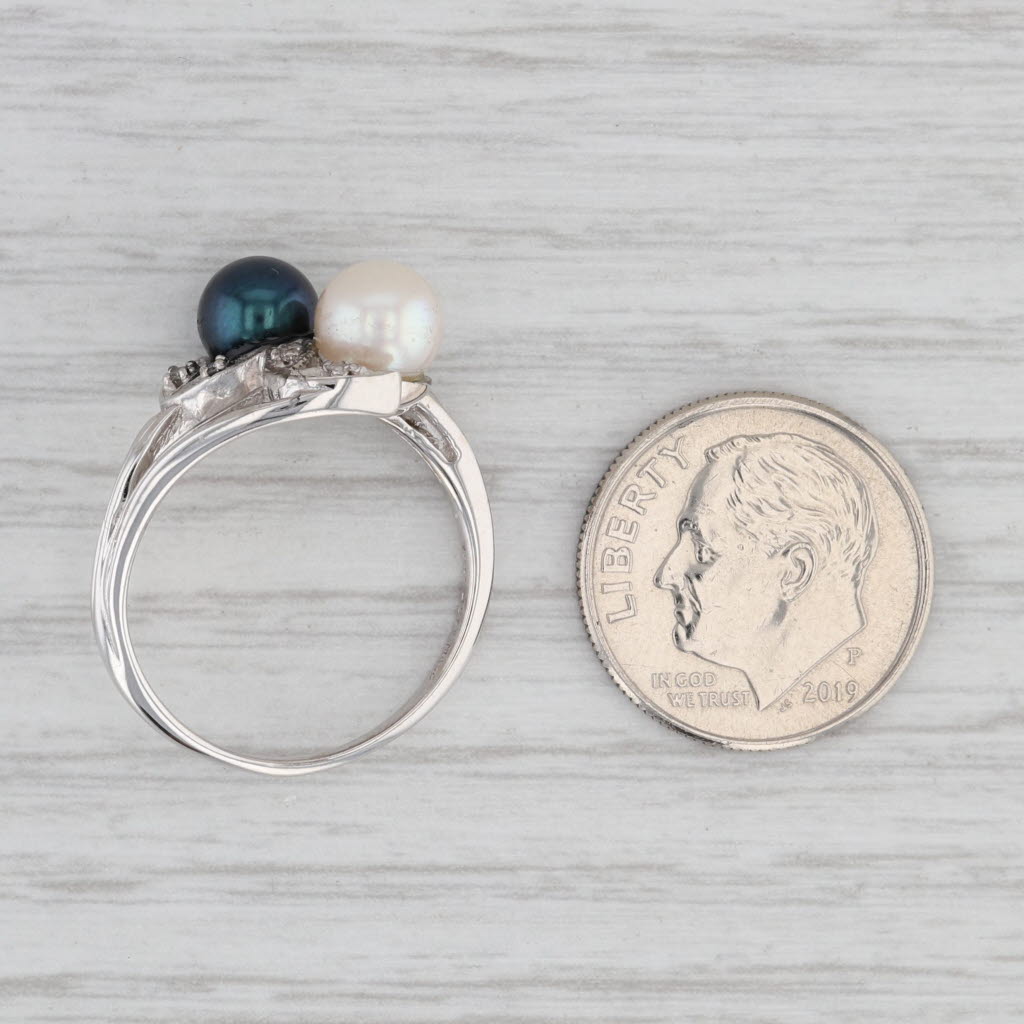 Gray Cultured Black White Pearl Bypass Ring 14k White Gold Size 7.5