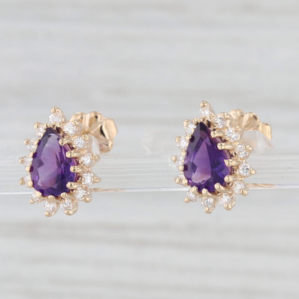 Light Gray 1.50ctw Amethyst Diamond Halo Teardrop Stud Earrings 14k Yellow Gold