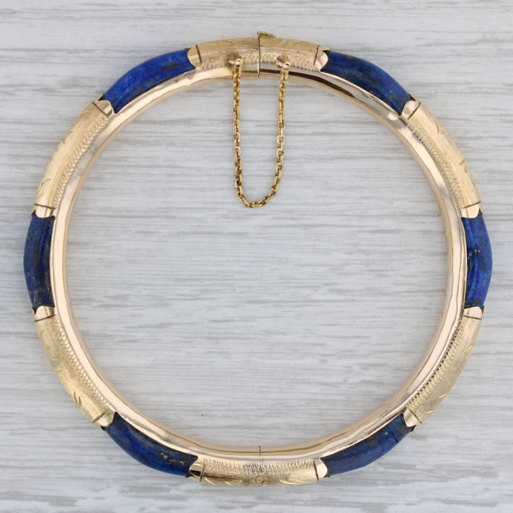 Gray Vintage Lapis Lazuli Bangle Bracelet 14k Yellow Gold 7.5" 6.7mm Ornate